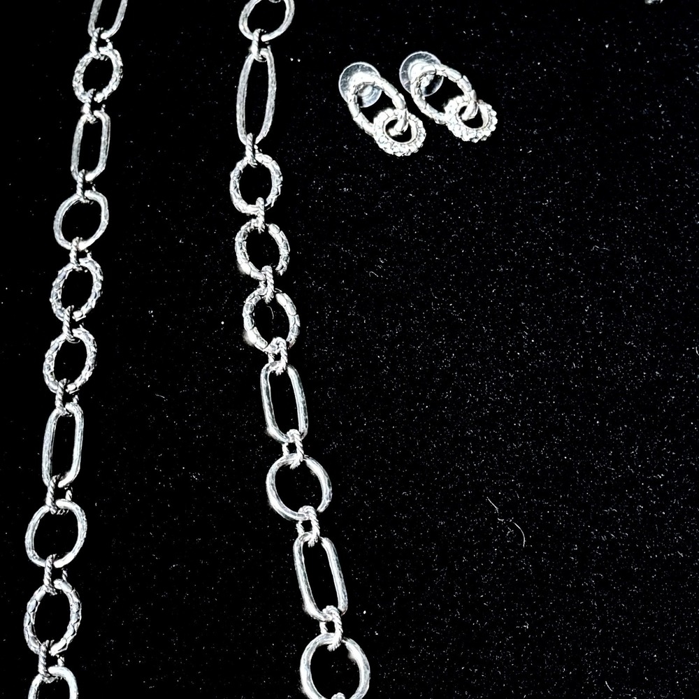 Brighton Silver Long Link Necklace Drop Earrings Set Textured Oval Links Retired - Picture 5 of 14